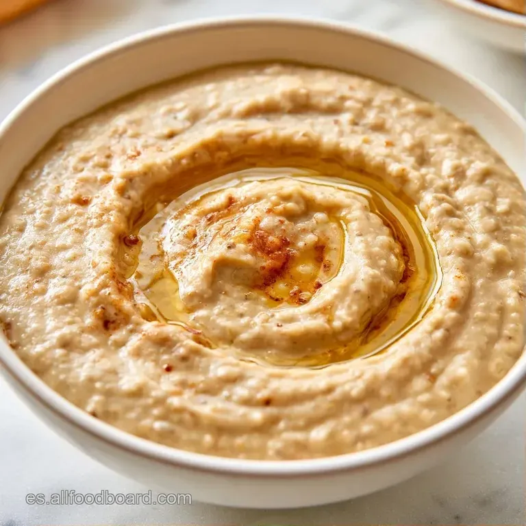 Crema espesa en plato cerámico con un remolino de aceite brillante, granos de granada roja y hojas de menta verde.