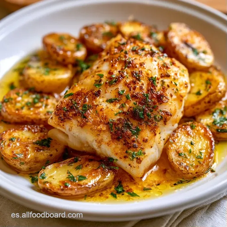 Filetes de pescado blanco y patatas redondas dispuestas con elegancia, brillo aceitoso y toques de pimentón rojo.