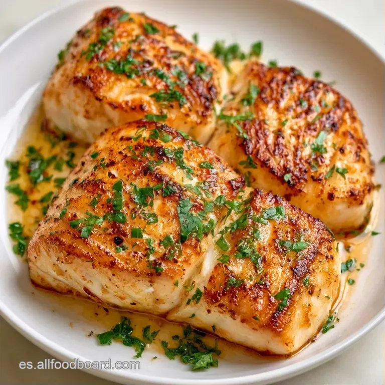 Lomo de pescado blanco dorado con gotas de aceite brillante y rodaja de limón fresco sobre un plato de cerámica oscuro.