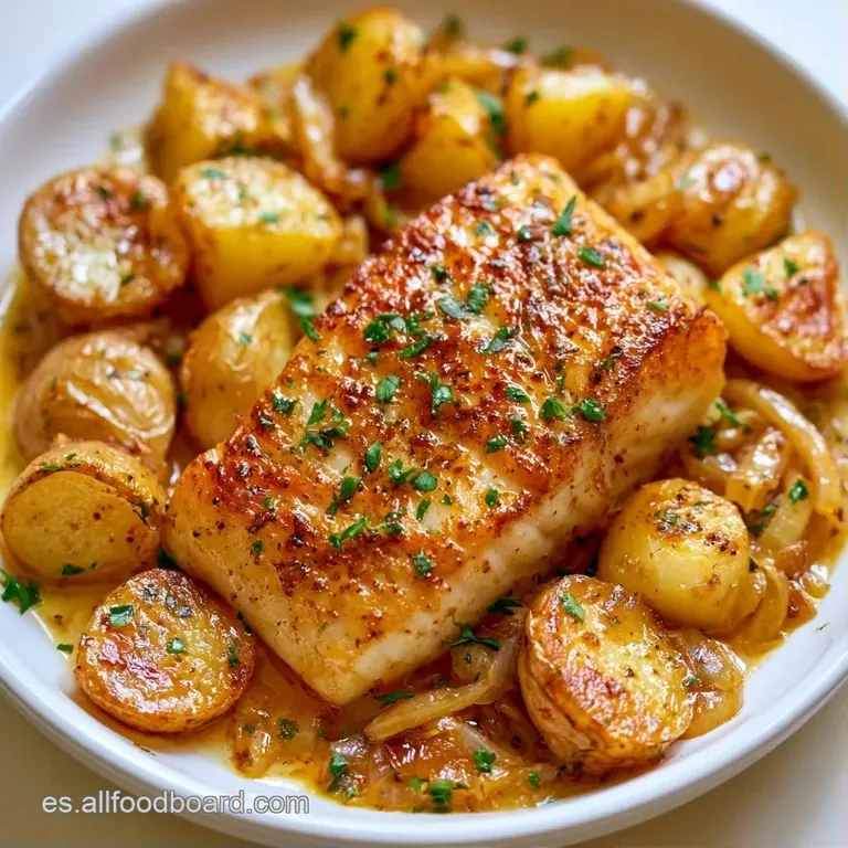 Plato de cerámica blanca con filetes de pescado bañados en salsa espesa de tomate, adornados con perejil fresco y aceite.