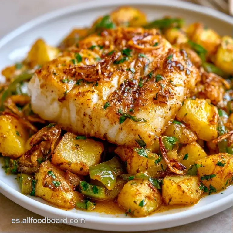 Lomo de bacalao desmigado sobre cama de patatas tiernas, bañado en emulsión anaranjada brillante y toque de verde fresco.