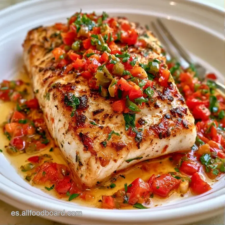 Filete de pescado blanco bañado en salsa espesa amarillenta, servido con elegancia y un toque de verde brillante arriba.