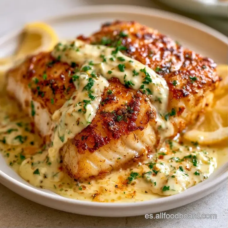 Filete de pescado blanco tostado apoyado en un círculo de alioli sedoso, adornado con una rodaja de limón amarillo.
