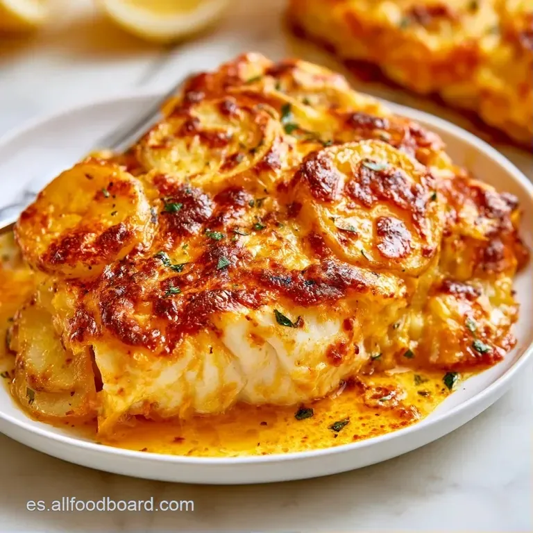 Lomo de pescado blanco sobre espejo de nata espesa y brillante, decorado con finas hierbas en un plato de cerámica.
