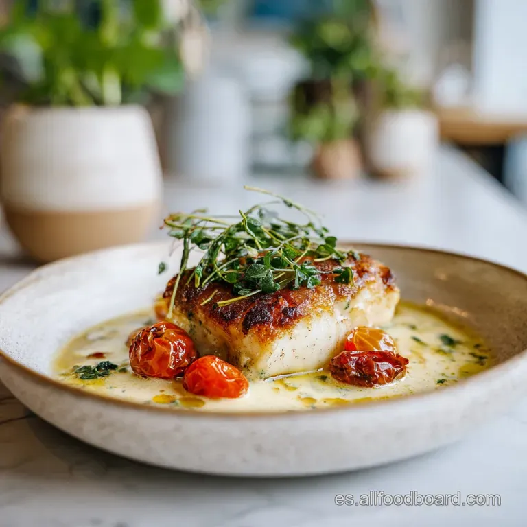Flaky cod in a rich cream sauce, garnished with vibrant green herbs and a side of crusty bread.
