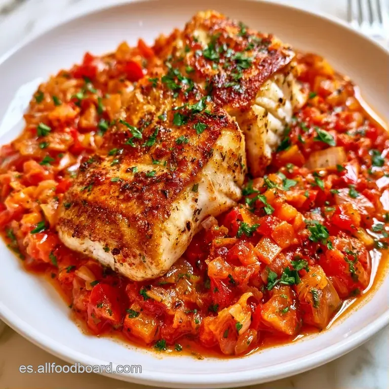 Filete blanco centrado en plato cerámico, bañado en salsa roja vibrante con gotas de aceite dorado y hierbas verdes.