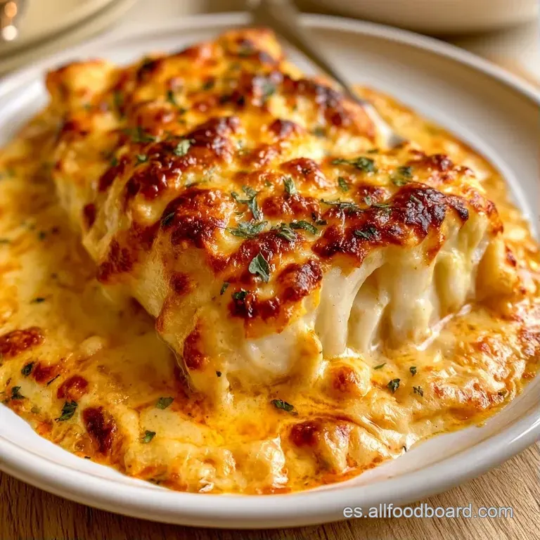 Porción de pescado gratinado con costra dorada y salsa blanca fundida, servida con rodajas de limón y hierbas verdes.