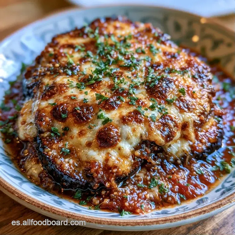 Porción cuadrada de vegetales gratinados con queso fundido, adornada con una hoja de albahaca fresca sobre plato blanco.