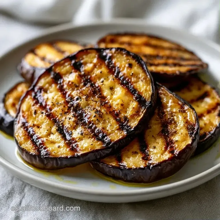 Láminas de berenjena asada dispuestas en abanico, decoradas con perejil fresco picado y gotas de aceite de oliva virgen.
