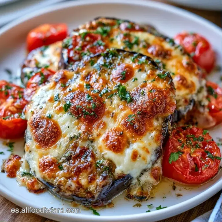 Láminas de berenjena tierna con tomate brillante sobre plato blanco, decoradas con hojas verdes frescas y aceite.