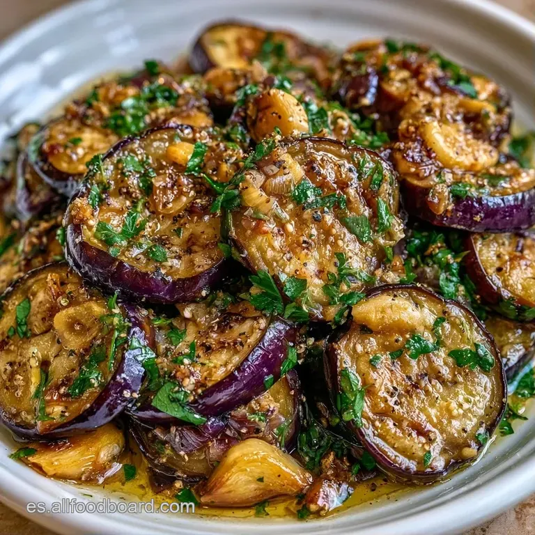 Rodajas tiernas de berenjena dispuestas en un plato blanco, con un brillo aceitoso y toques verdes de hierbas aromáticas.