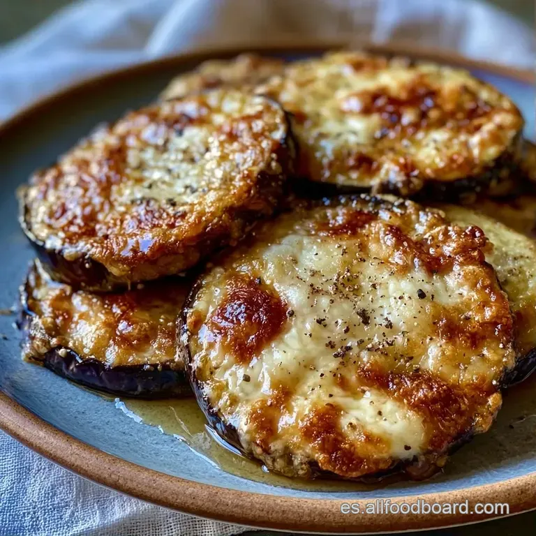 Berenjenas asadas con costra de queso burbujeante y tostado, servidas con elegancia sobre un plato de cerámica oscura.