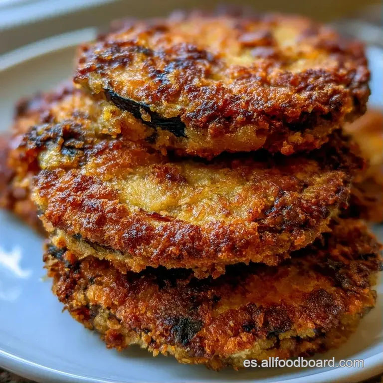 Láminas fritas apiladas con costra dorada uniforme, acompañadas de gotas de salsa blanca en un plato de cerámica gris.