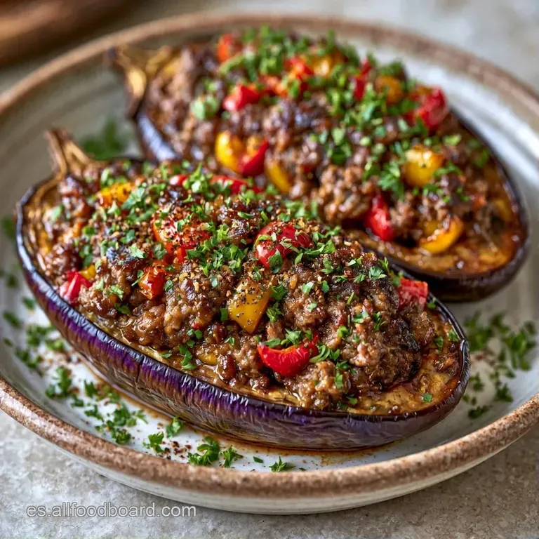 Berenjenas asadas con cobertura de queso fundido y perejil fresco, servidas en plato oscuro con aceite brillante.