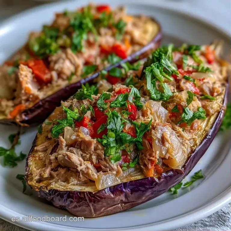 Presentación elegante de berenjena asada rellena, con queso burbujeante y dorado sobre una vajilla minimalista.
