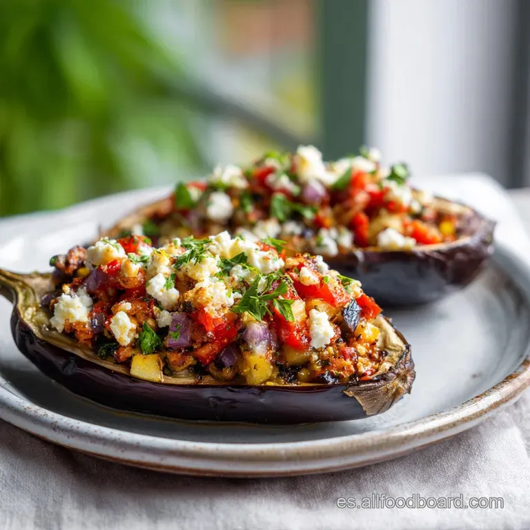 A vibrant plate with a halved eggplant dish, showcasing the deep purple skin and hearty filling, drizzled with sauce.