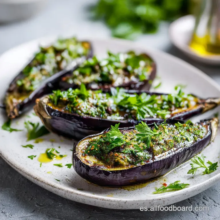 A single stuffed eggplant, artfully plated with a sprig of fresh parsley and a swirl of creamy sauce. Lightly browned crust.