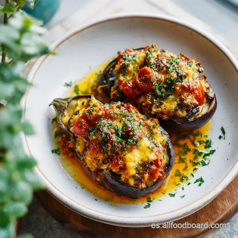 Two elegant eggplant halves, generously filled and baked, artfully arranged on a white plate.