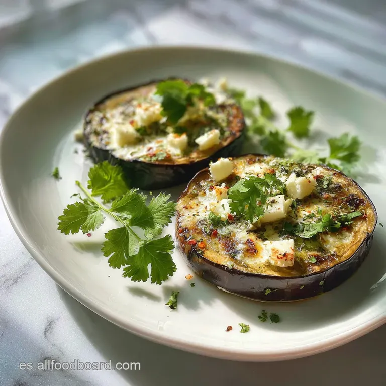 Elegant plate featuring tender eggplant rounds topped with creamy dollops and vibrant green herbs, drizzled with balsamic ...