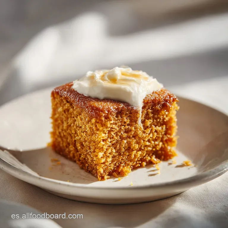 A slice of moist pumpkin cake on a white plate, dusted with powdered sugar. Hints of cinnamon spice are visibly present.