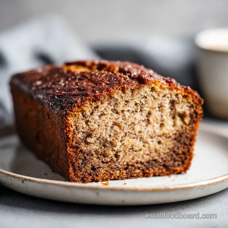 Slice of moist banana bread on a plate, with a dusting of powdered sugar and a sprig of mint. Rustic charm, homemade goodn...