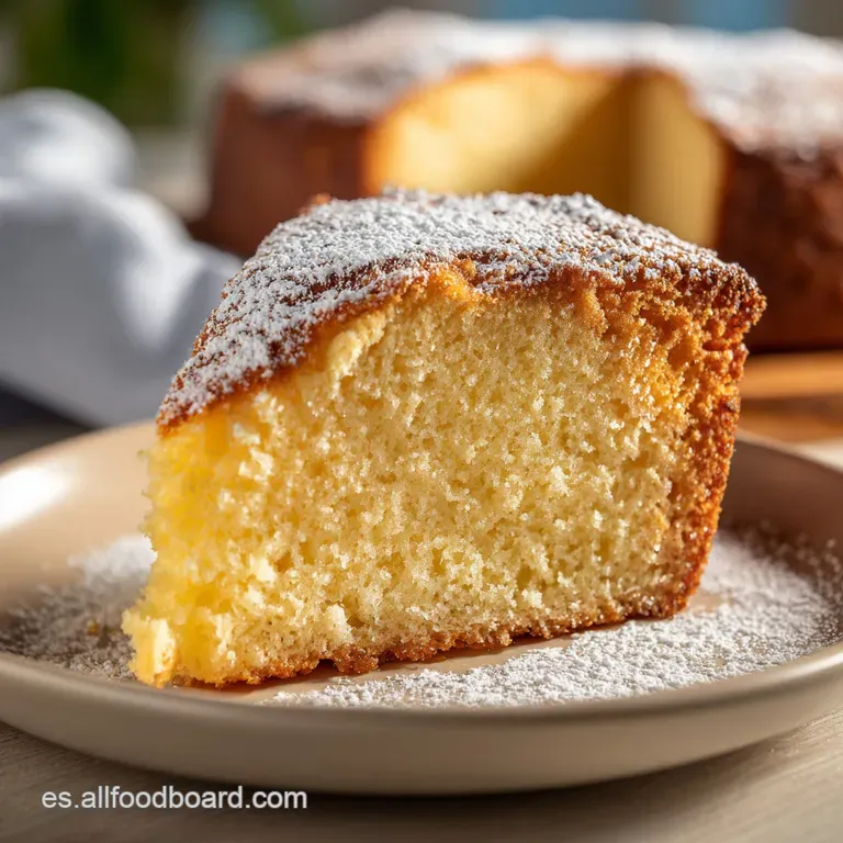 A slice of airy yellow sponge cake on a white plate, dusted with fine powdered sugar and a side of fresh berries.