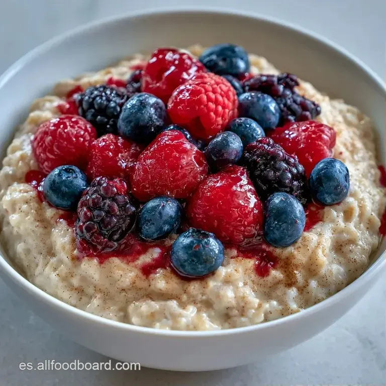 Bowl de cer&aacute;mica blanca con gachas espesas, frutos rojos ordenados y semillas espolvoreadas sobre mesa de madera.
