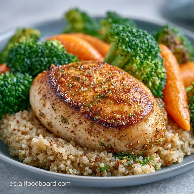 Montaña de quinoa granulada coronada con pechuga sellada y gotas de aceite dorado sobre un plato de cerámica blanca.