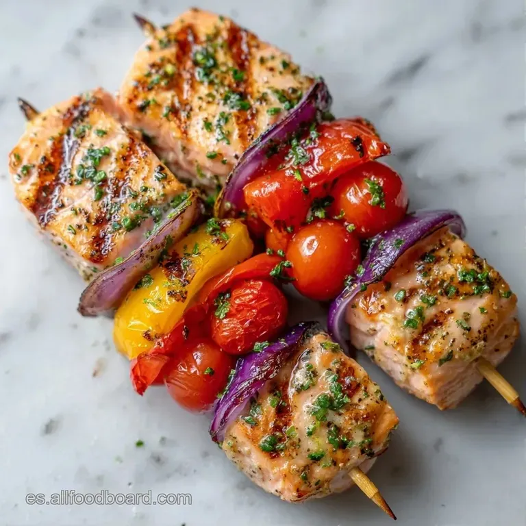 Brochetas alineadas con trozos de pescado tostado y vegetales frescos, adornadas con perejil y rodajas de lim&oacute;n amarillo.