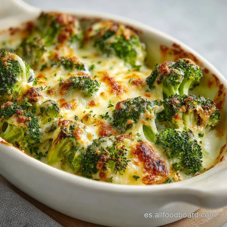 Creamy, cheesy broccoli gratin in a white ramekin, sprinkled with herbs. Steam rises invitingly, with a crispy, browned top.