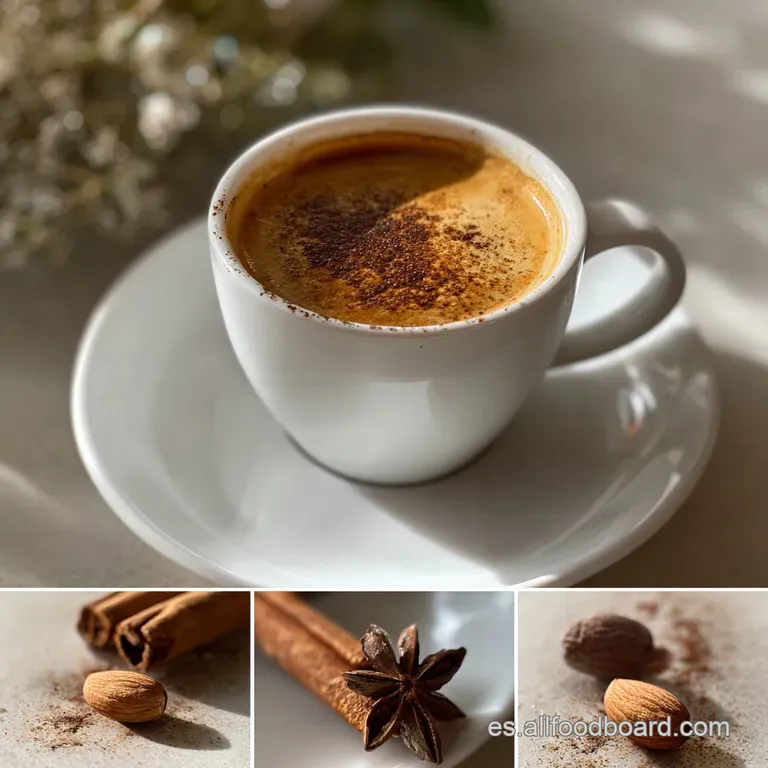 Elegant mug of steaming, spiced coffee topped with frothy milk. Garnished with cinnamon stick and star anise on saucer.