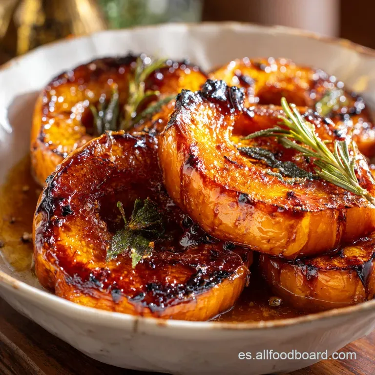 Butternut squash slices, arranged elegantly with toasted pepitas and a drizzle of rich brown butter, glistening softly und...