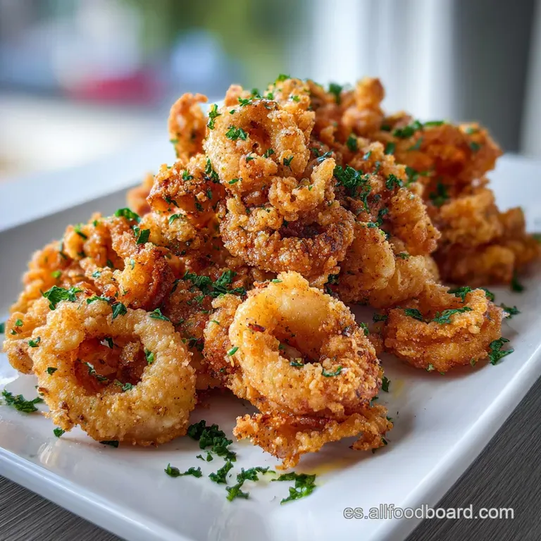 A tower of golden-brown calamari rings served in a white bowl, garnished with parsley. Hints of lemon add vibrant color.