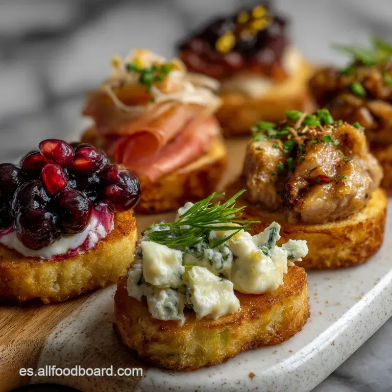 Elegant, plated canap&eacute;s with a mix of colors: reds, greens, and browns, garnished with herbs on a sleek black slate.
