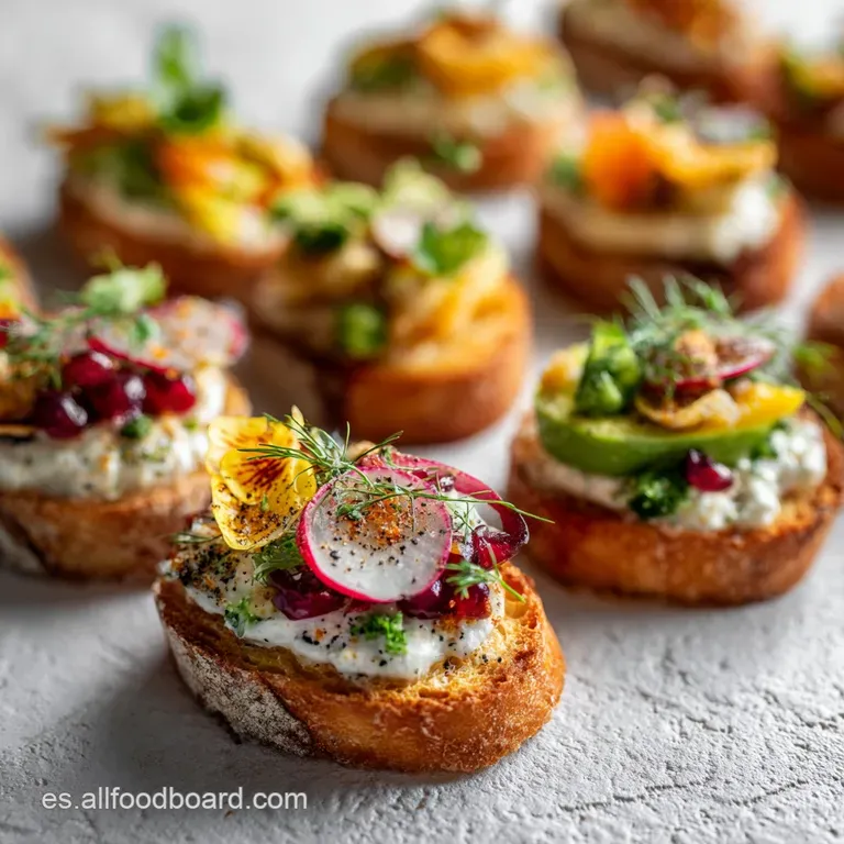 Elegant plate of assorted canap&eacute;s, featuring creamy cheeses, bright vegetables, and cured meats on golden toasted bread sl...