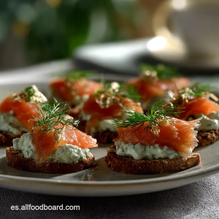 Elegant canap&eacute; trio: Smoked salmon rosette, bright green pesto swirl, & ruby-red pepper, atop crusty bread. Holiday cheer!