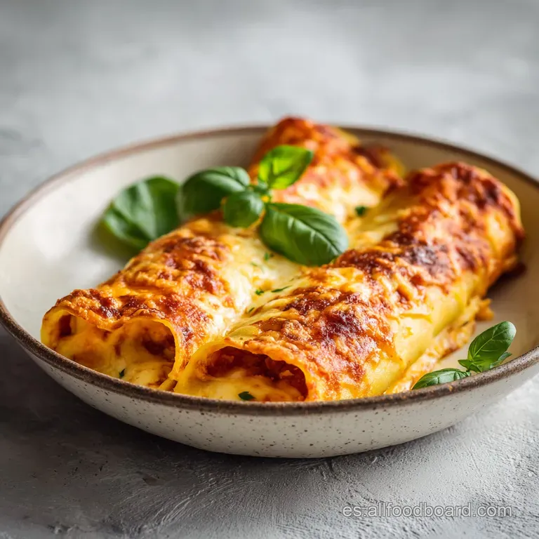 Two canelones bathed in rich bechamel sauce, parsley sprig garnish, hinting at the savory meat filling inside.