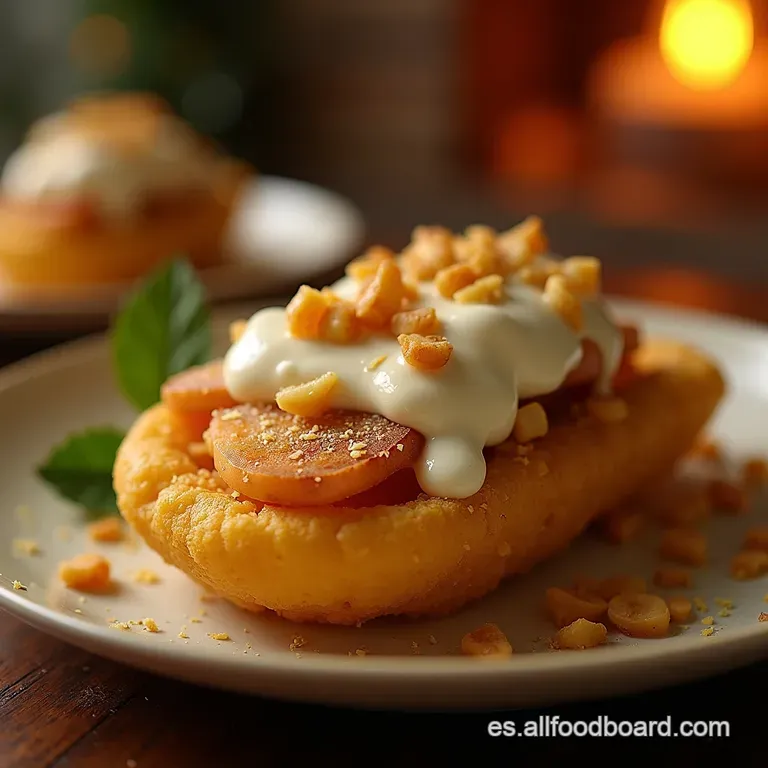 Canoas De Pl&aacute;tano Macho Navide&ntilde;as Oro Frito Con Crema De Ron Y Crujiente De Nueces presentation