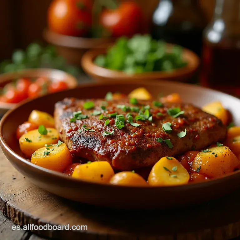 Carne Asada Jugosa Y R&aacute;pida Con Patatas Doradas Al Romero presentation