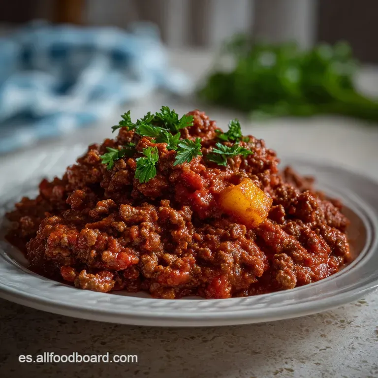 A spoonful of savory ground beef in red sauce, elegantly plated and garnished with fresh parsley, hints of steam rising.