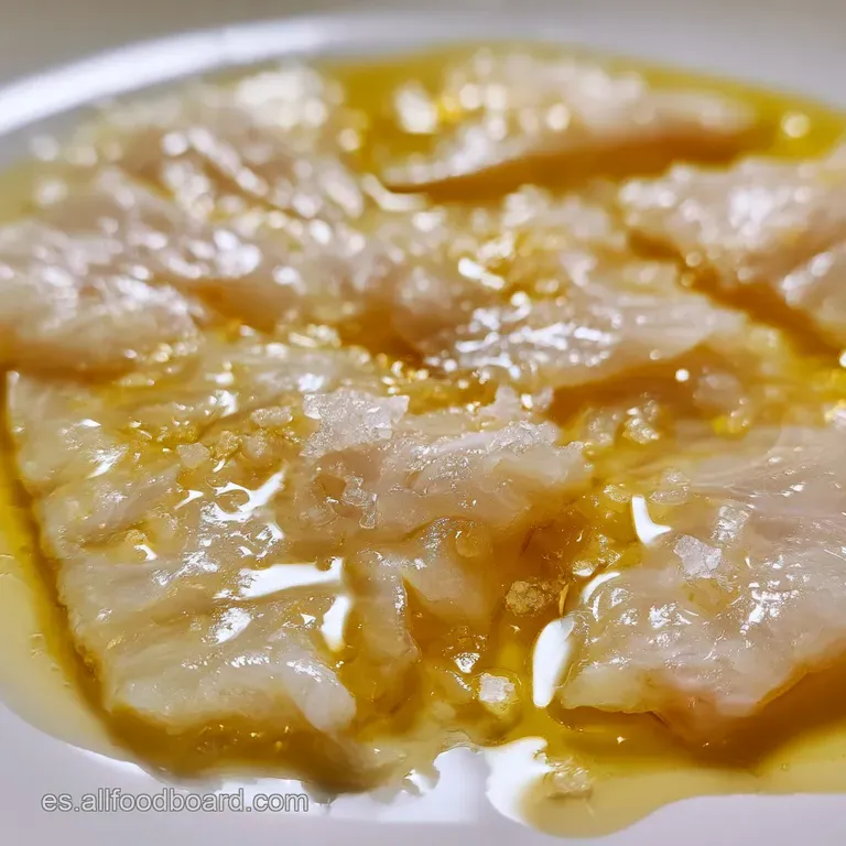 Montaje sofisticado de pescado blanco transl&uacute;cido sobre cer&aacute;mica blanca, resaltado por destellos de aceite y verde.