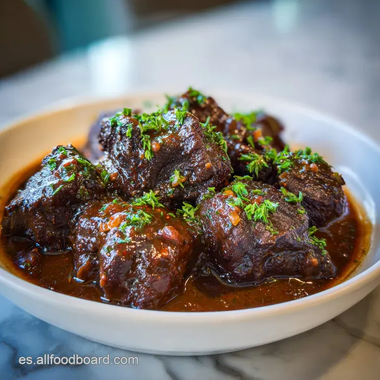 Carrilladas plated with creamy mashed potatoes. The tender meat is glistening with a rich, reduced sauce. Elegant and invi...