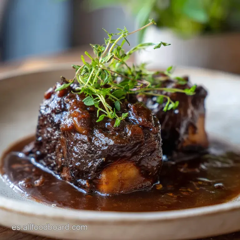 Tender beef cheek plated with creamy mashed potatoes, bathed in a deep, mahogany sauce. Elegant thyme sprig garnish adds a...