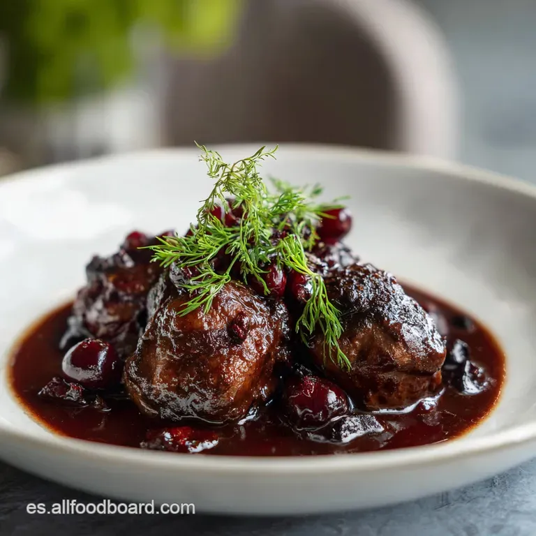 Elegant plate featuring tender, braised beef cheek with deep red wine reduction, accented by vibrant green herbs and smoot...
