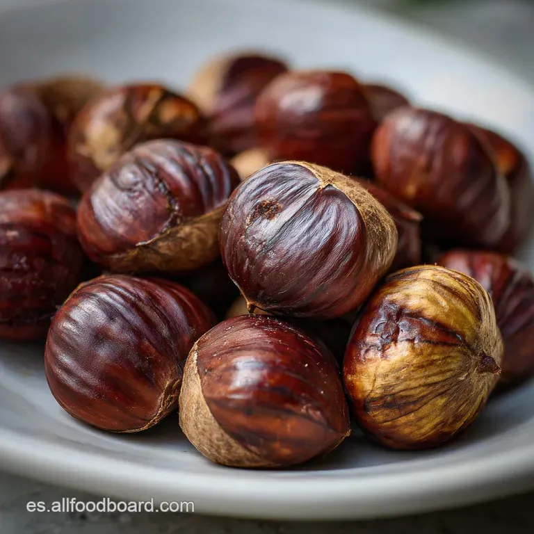 Pile of air-fried chestnuts in a small bowl; their cracked, dark shells reveal the steamy, pale yellow nuts inside. Ready ...