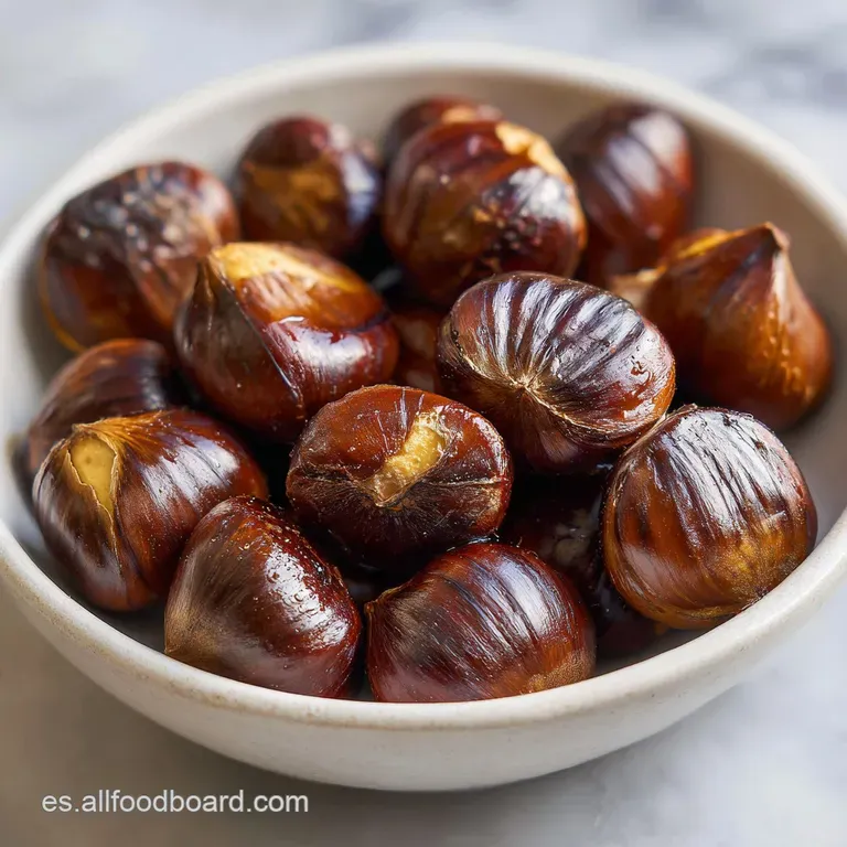 Pile of warm, roasted chestnuts spilling from a paper cone onto a weathered wooden surface. They look rustic and inviting.