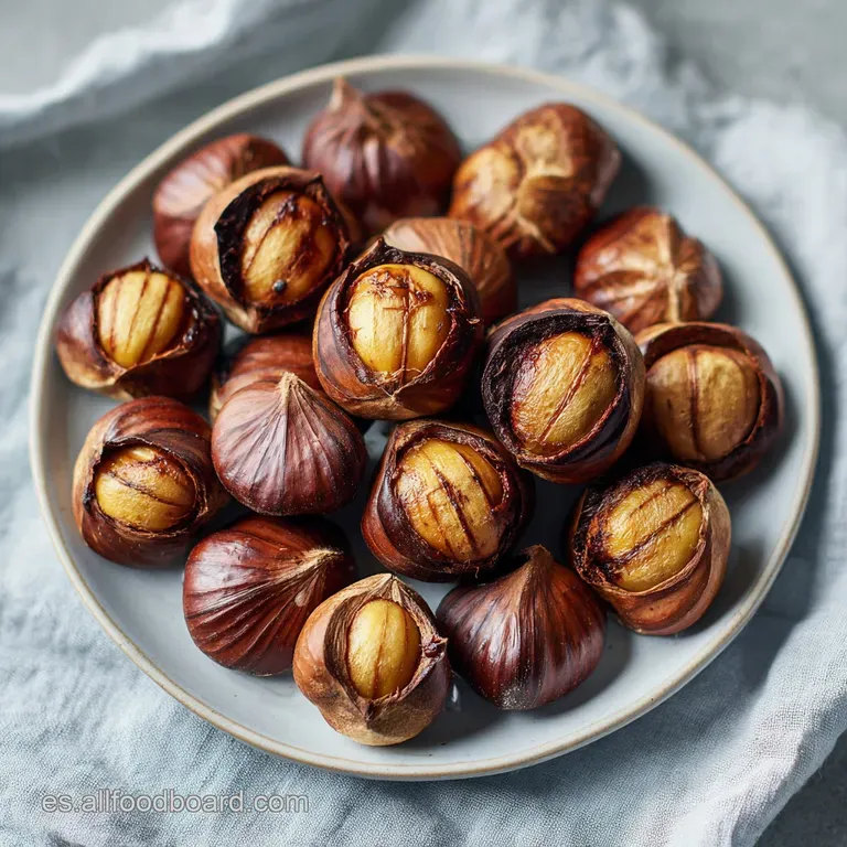 Pile of warm, roasted chestnuts served in a rustic brown bowl, skins split to expose the soft, slightly charred nuts. Autu...