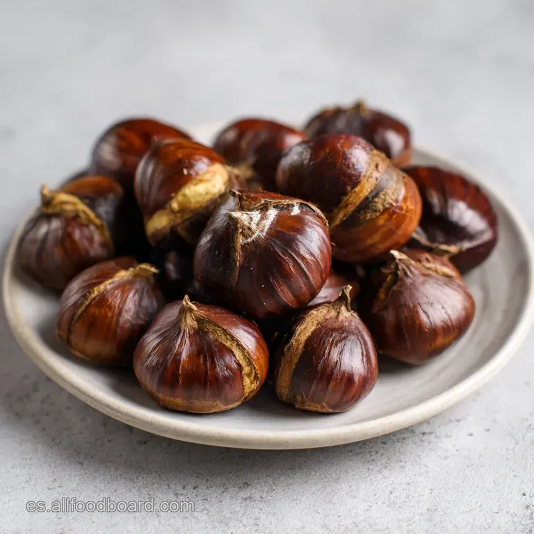 Pile of glistening, freshly roasted chestnuts spilling from a rustic bowl on a wooden surface with a warm, inviting glow.