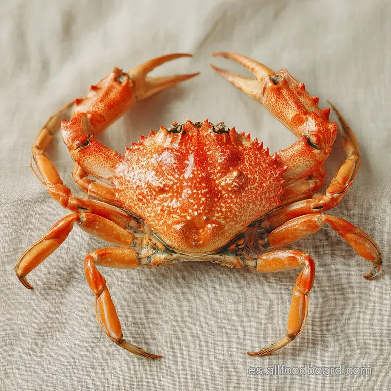 Prepared spider crab with vibrant orange shell fragments artfully arranged, ready to eat on a decorative white plate.