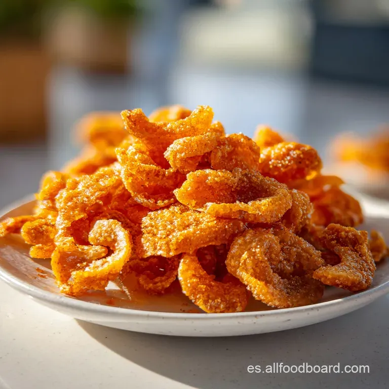 Delicate, curled chicharrones elegantly arranged on a white plate, showcasing their rich, amber color and blistered texture.